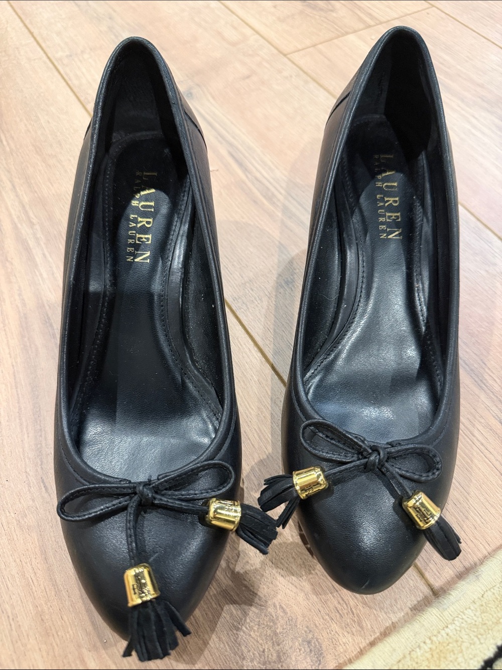 Ralph Lauren Black Leather wedges with Gold Tassel Hardware